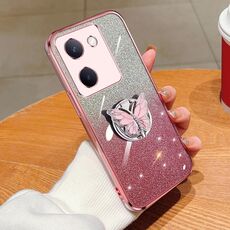 Custodia per telefono in TPU con supporto a farfalla con glitter sfumato placcato per vivo Y100 5G (rosa)