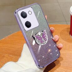 Custodia per telefono in TPU con supporto a farfalla con glitter sfumato placcato per vivo Y100 5G (viola)