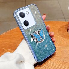 Per vivo Y100 5G Custodia per telefono in TPU con supporto a farfalla con glitter sfumato placcato (Sierra Blue)
