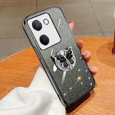 Per vivo Y100 5G Custodia per telefono in TPU con supporto a farfalla con glitter sfumato placcato (nero)