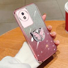 Custodia per telefono in TPU con supporto a farfalla con glitter sfumato placcato per vivo Y02 / Y11 2023 (rosa)