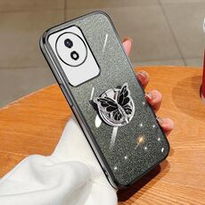 Per vivo Y02 / Y11 2023 Custodia per telefono in TPU con supporto a farfalla con glitter sfumato placcato (nero)