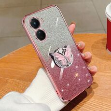 Per vivo Y16 Custodia per telefono in TPU con supporto a farfalla con glitter sfumato placcato (rosa)