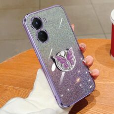 Custodia per telefono in TPU con supporto a farfalla con glitter sfumato placcato per vivo Y16 (viola)