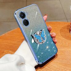 Per vivo Y16 Custodia per telefono in TPU con supporto a farfalla con glitter sfumato placcato (Sierra Blue)