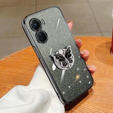 Per vivo Y16 Custodia per telefono in TPU con supporto a farfalla con glitter sfumato placcato (nero)