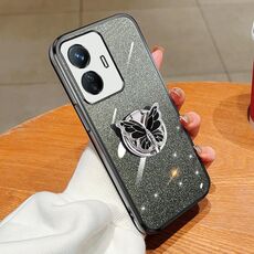 Per vivo Y77E Custodia per telefono in TPU con supporto a farfalla con glitter sfumato placcato (nero)
