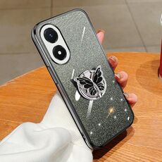 Per vivo Y02s Custodia per telefono in TPU con supporto a farfalla con glitter sfumato placcato (nero)