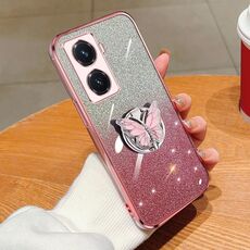 Per vivo Y77 5G Custodia per telefono in TPU con supporto a farfalla con glitter sfumato placcato (rosa)