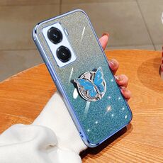 Per vivo Y77 5G Custodia per telefono in TPU con supporto a farfalla con glitter sfumato placcato (Sierra Blue)
