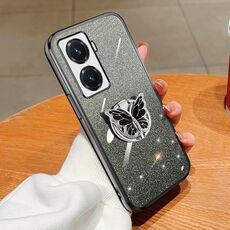Per vivo Y77 5G Custodia per telefono in TPU con supporto a farfalla con glitter sfumato placcato (nero)