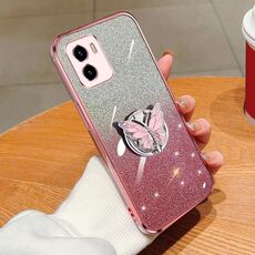Per vivo Y10 / Y15s 2021 Custodia per telefono in TPU con supporto a farfalla con glitter sfumato placcato (rosa)