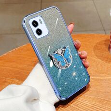 Custodia per telefono in TPU con supporto a farfalla con glitter sfumato placcato per vivo Y10 / Y15s 2021 (Sierra Blue)