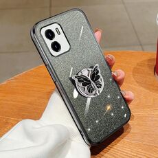 Per vivo Y10 / Y15s 2021 Custodia per telefono in TPU con supporto a farfalla con glitter sfumato placcato (nero)