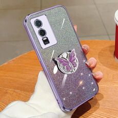 Custodia per telefono in TPU con supporto a farfalla con glitter sfumato placcato per vivo Y76s (viola)