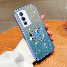 Custodia per telefono in TPU con supporto a farfalla con glitter sfumato placcato per vivo Y76s (Sierra Blue)