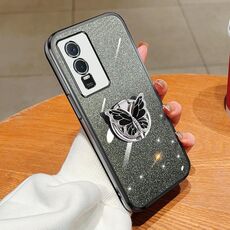 Custodia per telefono in TPU con supporto a farfalla con glitter sfumato placcato per vivo Y76s (nero)