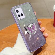 Per vivo Y21 Custodia per telefono in TPU con supporto a farfalla con glitter sfumato placcato (viola)
