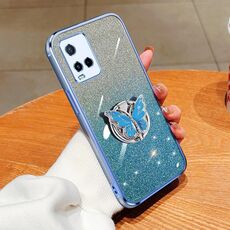 Per vivo Y21 Custodia per telefono in TPU con supporto a farfalla con glitter sfumato placcato (Sierra Blue)