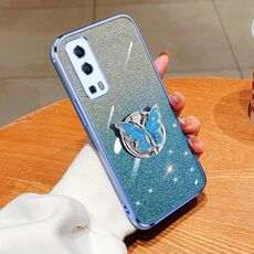 Per vivo Y72 5G / iQOO Z3 5G Custodia per telefono in TPU con supporto a farfalla con glitter sfumato placcato (Sierra Blue)