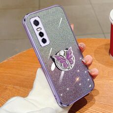 Per vivo Y73s Custodia per telefono in TPU con supporto a farfalla con glitter sfumato placcato (viola)