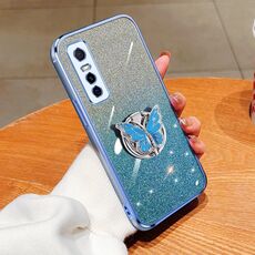 Per vivo Y73s Custodia per telefono in TPU con supporto a farfalla con glitter sfumato placcato (blu Sierra)