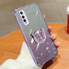 Custodia per telefono in TPU con supporto a farfalla con glitter sfumato placcato per vivo Y70s (viola)
