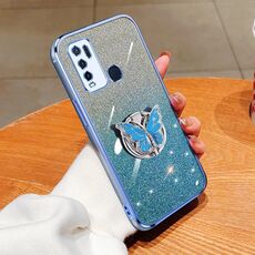 Per vivo Y50 Custodia per telefono in TPU con supporto a farfalla con glitter sfumato placcato (blu Sierra)