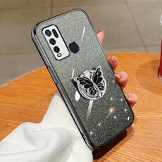 Per vivo Y50 Custodia per telefono in TPU con supporto a farfalla con glitter sfumato placcato (nero)