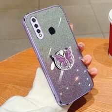 Custodia per telefono in TPU con supporto a farfalla glitterato sfumato placcato per vivo Y5s (viola)