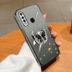Per vivo Y5s Custodia per telefono in TPU con supporto a farfalla con glitter sfumato placcato (nero)