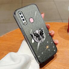 Custodia per telefono in TPU con supporto a farfalla con glitter sfumato placcato per vivo Y3 (nero)