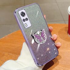 Custodia per telefono in TPU con supporto a farfalla con glitter sfumato placcato per vivo Y51 2021 (viola)
