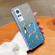 Per vivo Y51 2021 Custodia per telefono in TPU con supporto a farfalla con glitter sfumato placcato (blu Sierra)