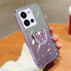Custodia per telefono in TPU con supporto a farfalla con glitter sfumato placcato per vivo Y35 Global 2022 (viola)