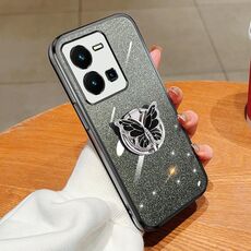 Custodia per telefono in TPU con supporto a farfalla con glitter sfumato placcato per vivo Y35 Global 2022 (nero)