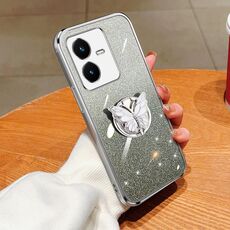Custodia per telefono in TPU con supporto a farfalla con glitter sfumato placcato per vivo Y22 / Y22s (Argento)