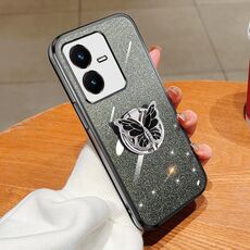 Custodia per telefono in TPU con supporto a farfalla con glitter sfumato placcato per vivo Y22 / Y22s (nero)