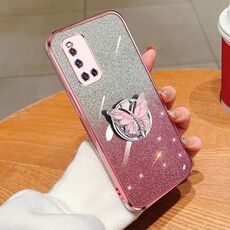 Custodia per telefono in TPU con supporto a farfalla con glitter sfumato placcato India per vivo V19 (rosa)