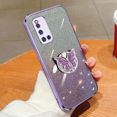 Custodia per telefono in TPU con supporto a farfalla con glitter sfumato placcato India per vivo V19 (viola)