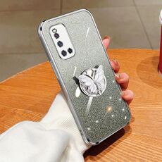 Custodia per telefono in TPU con supporto a farfalla glitterato sfumato placcato India per vivo V19 (Argento)
