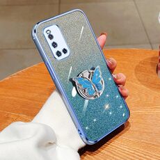 Custodia per telefono in TPU con supporto a farfalla con glitter sfumato placcato India per vivo V19 (Sierra Blue)