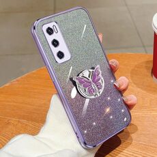 Custodia per telefono in TPU con supporto a farfalla con glitter sfumato placcato per vivo V20 SE (viola)