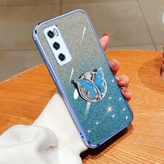Custodia per telefono in TPU con supporto a farfalla con glitter sfumato placcato per vivo V20 SE (Sierra Blue)