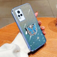 Per vivo V21e 4G / Y73 4G 2021 Custodia per telefono in TPU con supporto a farfalla con glitter sfumato placcato (blu Sierra)