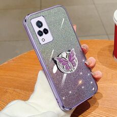Custodia per telefono in TPU con supporto a farfalla con glitter sfumato placcato per vivo V21 4G / 5G (viola)