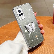 Custodia per telefono in TPU con supporto a farfalla con glitter sfumato placcato per vivo V21 4G / 5G (Argento)