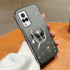 Per vivo V21 4G / 5G Custodia per telefono in TPU con supporto a farfalla con glitter sfumato placcato (nero)