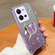 Custodia per telefono in TPU con supporto a farfalla con glitter sfumato placcato per vivo V25 5G (viola)