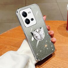 Per vivo V25 5G Custodia per telefono in TPU con supporto a farfalla con glitter sfumato placcato (Argento)
